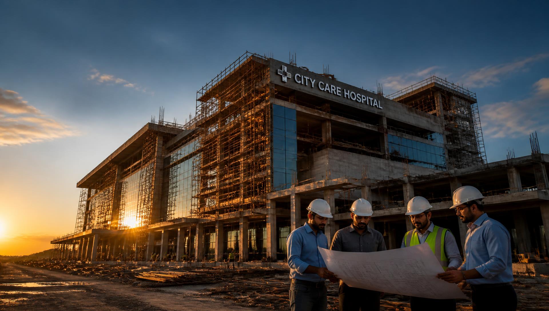 Engineers reviewing drawings in front of a hospital block under construction at sunset
